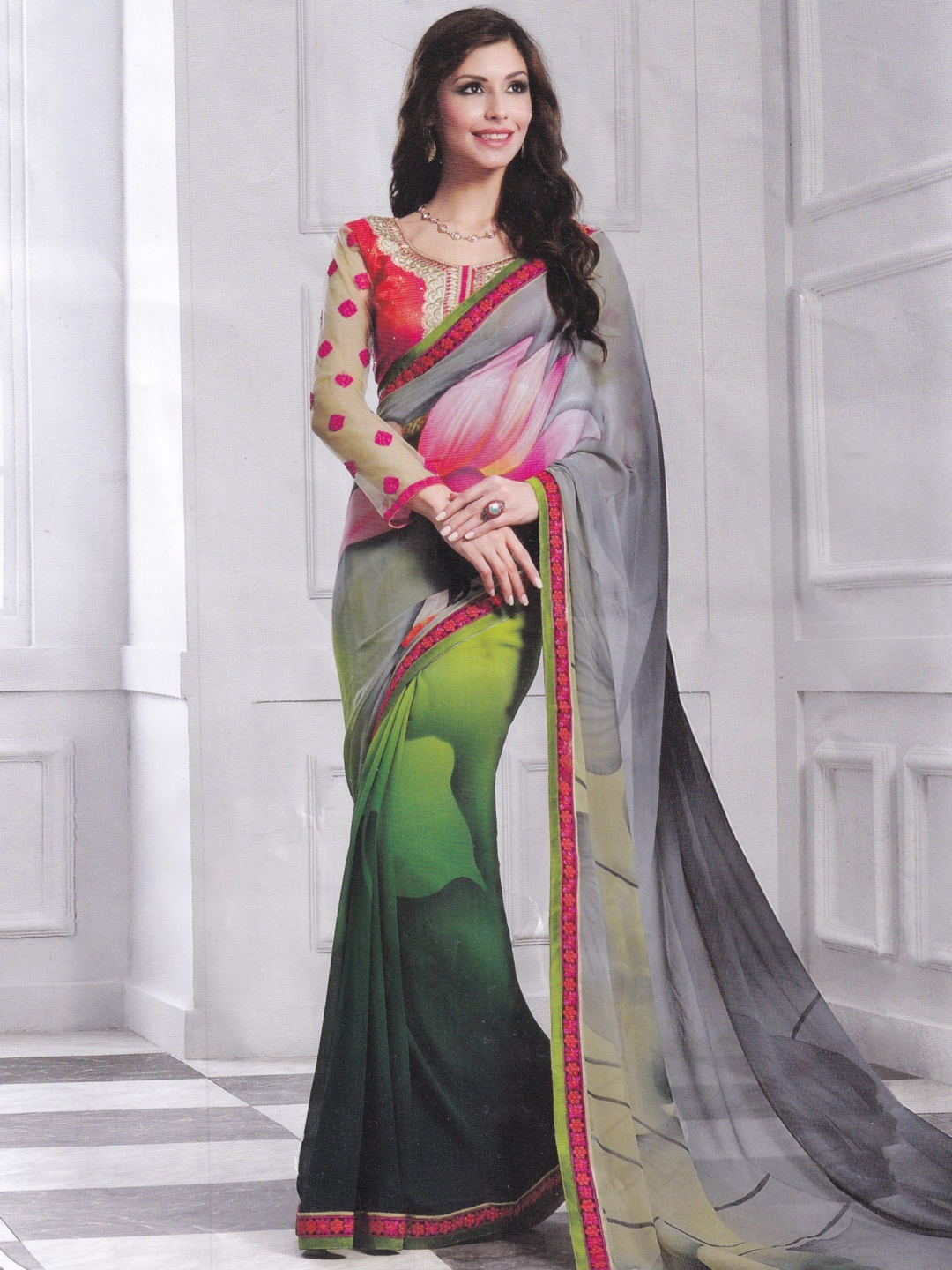 

Exotic India Floral Embroidered Pure Georgette Saree, Green