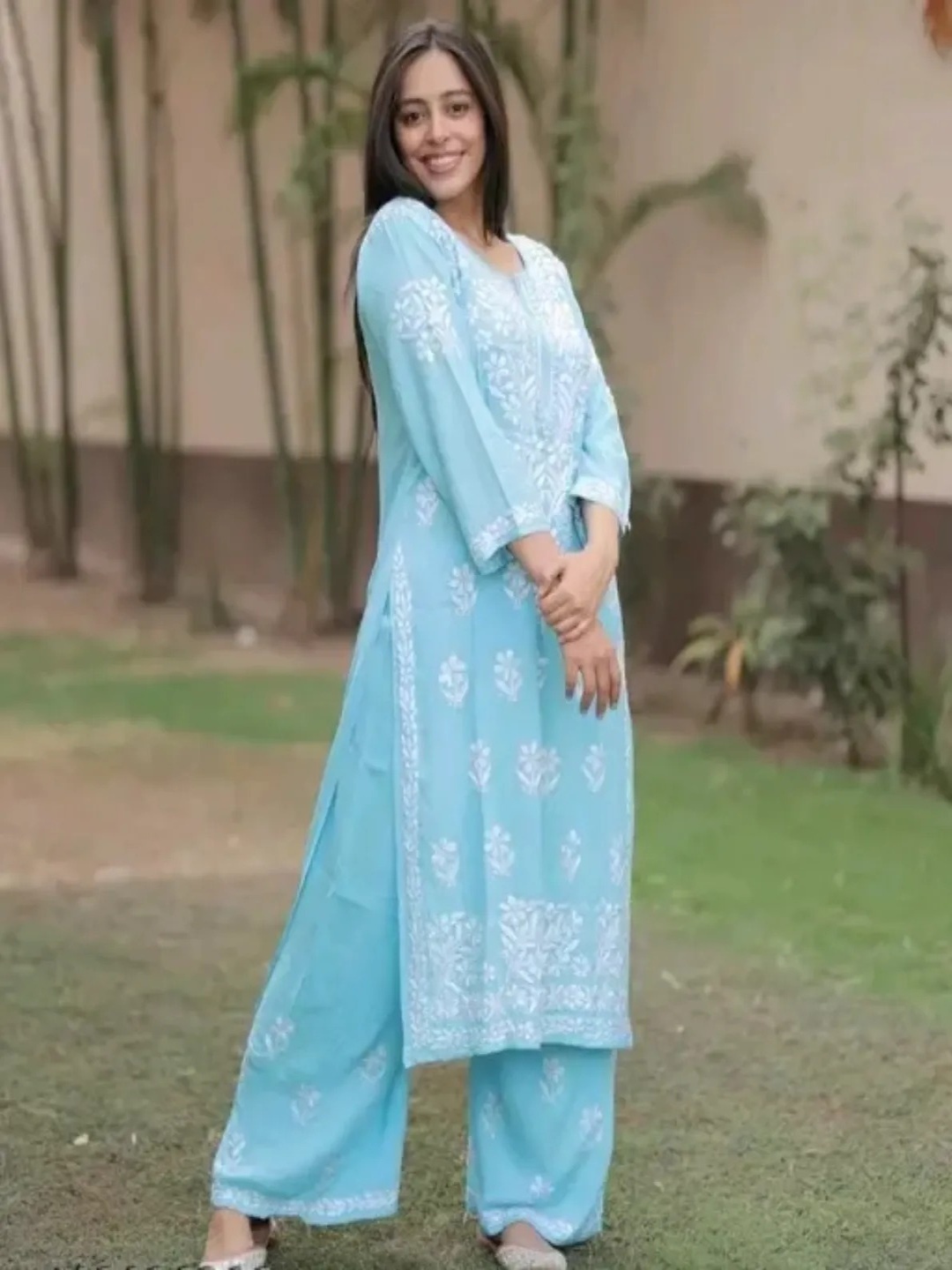 

Rujave Chikankari A-Line Kurta With Palazzo, Blue