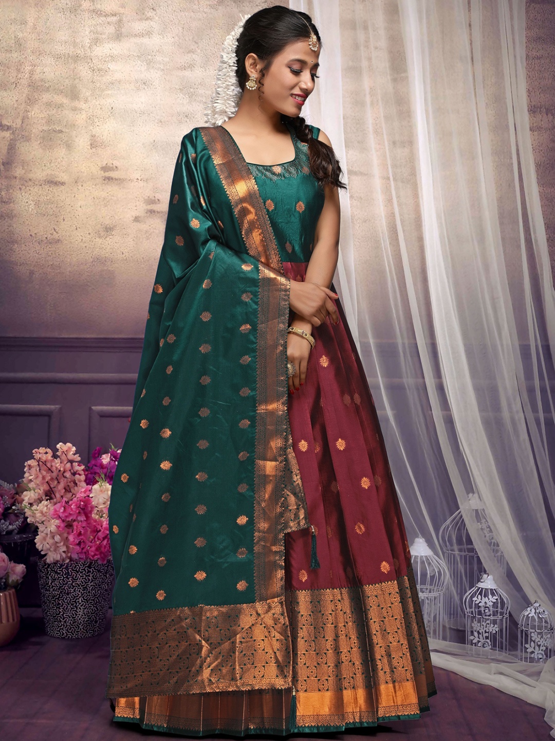 

ODETTE Women Angrakha Aari Work Kurta with Skirt & With Dupatta, Maroon