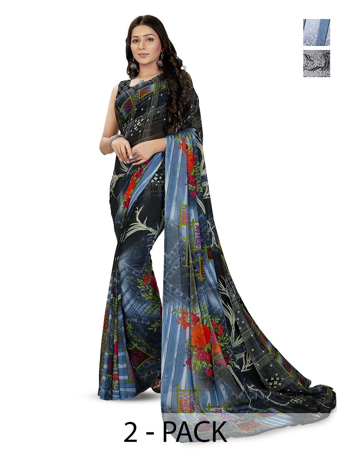 

ANAND SAREES Women Daily Floral Printed Poly Georgette Combo Pack of 2 Saree, Grey