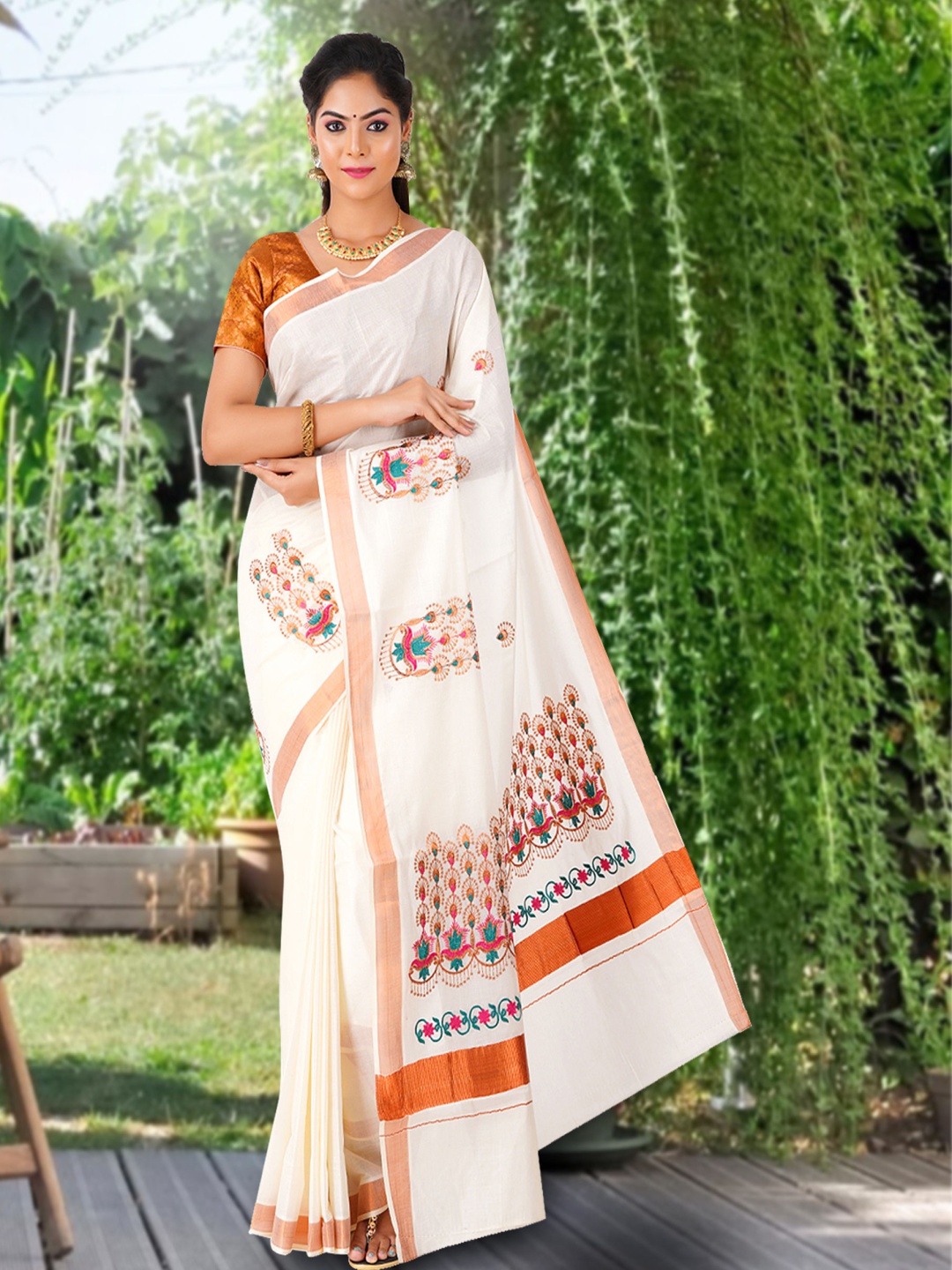 

Rst R Selvamani Tex Ethnic Motifs Zari Pure Cotton Kasavu Saree, Off white