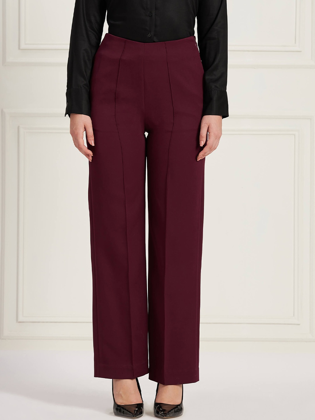 

SALT ATTIRE Women Straight Fit High-Rise Trousers, Burgundy