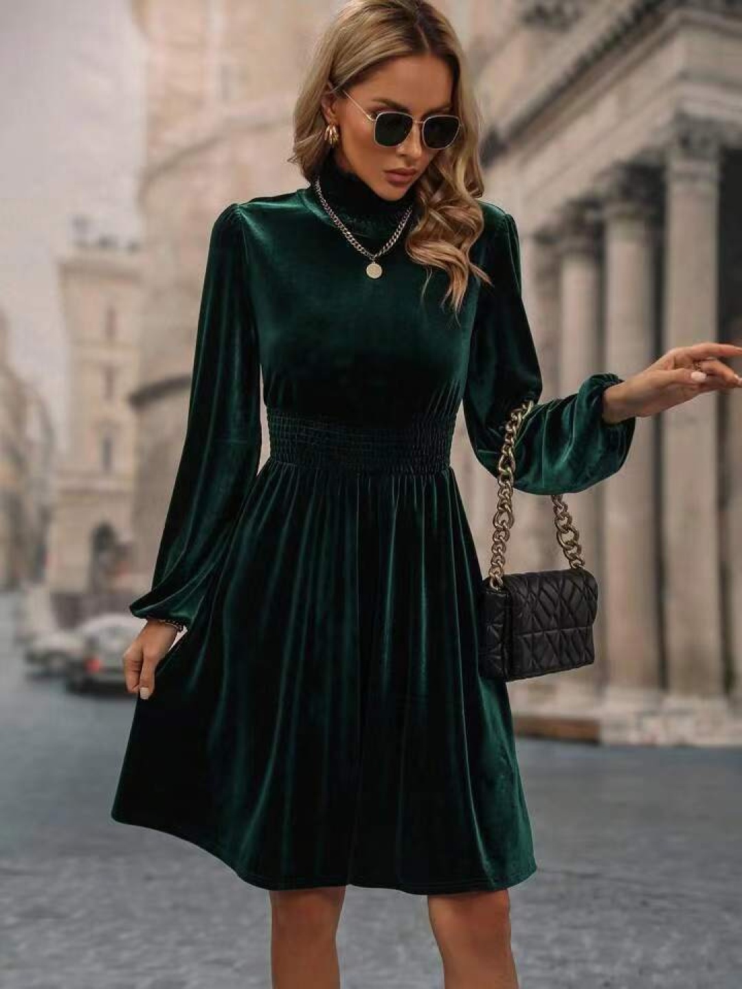 

all about you Green High Neck Puff Sleeves Fit & Flare Dress