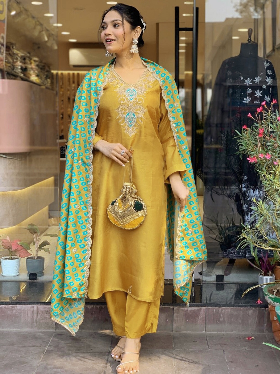 

S.K.C Floral Yoke Design Thread Work Straight Kurta With Trousers & Duppatta, Mustard