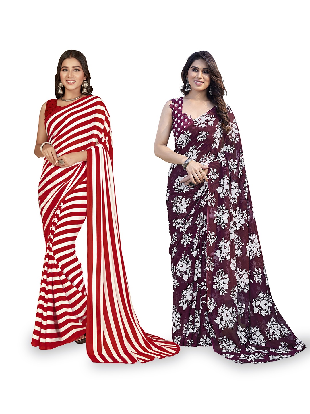 

ANAND SAREES Striped Poly Georgette Saree, Red