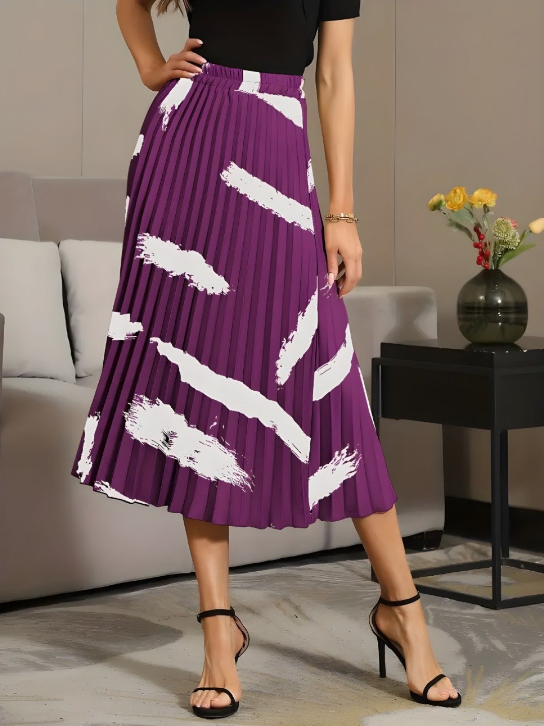 

OTABU Women Printed Accordion Pleated A-Line Midi Skirt, Purple