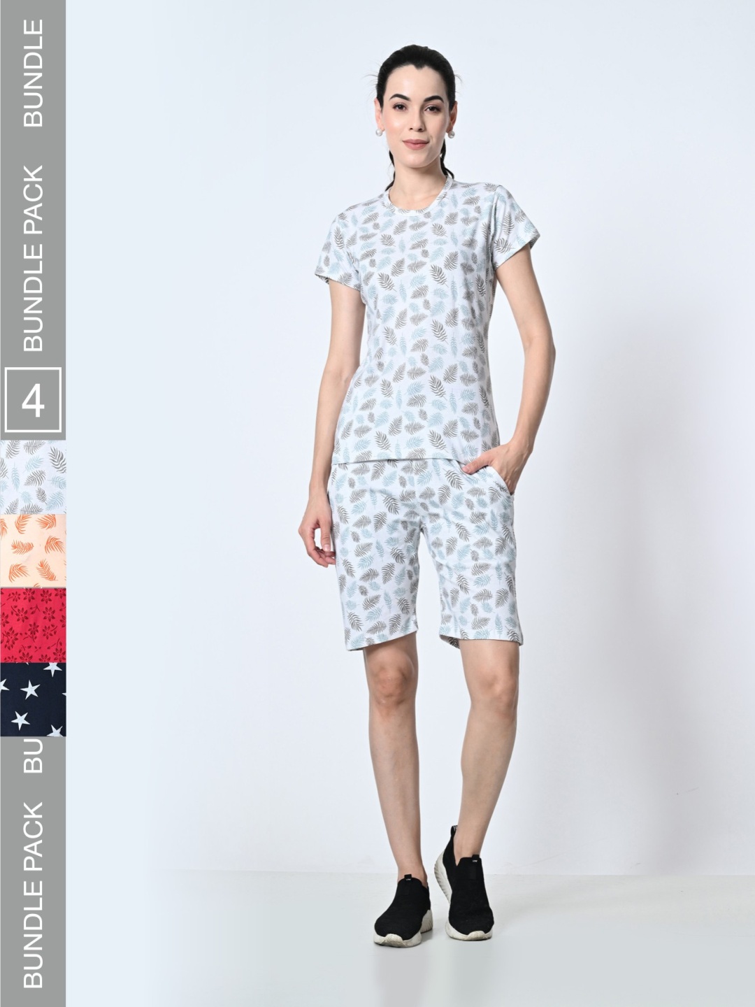 

BAESD Pack of 4 Printed Round Neck Pure Cotton T-Shirt With Shorts, White