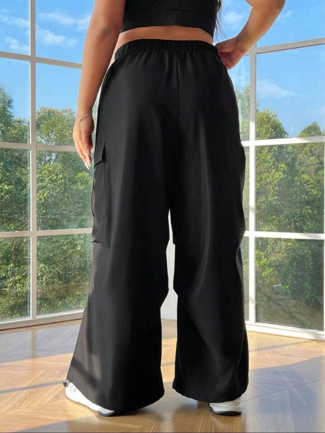 

BROADSTAR Women High-Rise Loose Fit Cargo Track Pants, Black