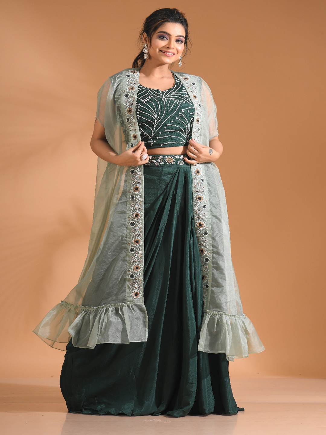 

Morchari Embroidered Round Neck Top & Flared Skirt & Jacket Co-Ords, Green