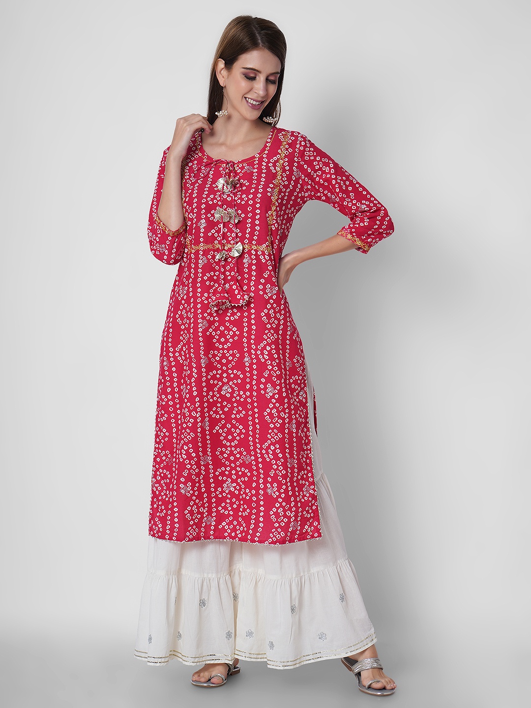 

Sanganeri Kurti Bandhani Printed Regular Thread Work Kurta with Sharara, Pink