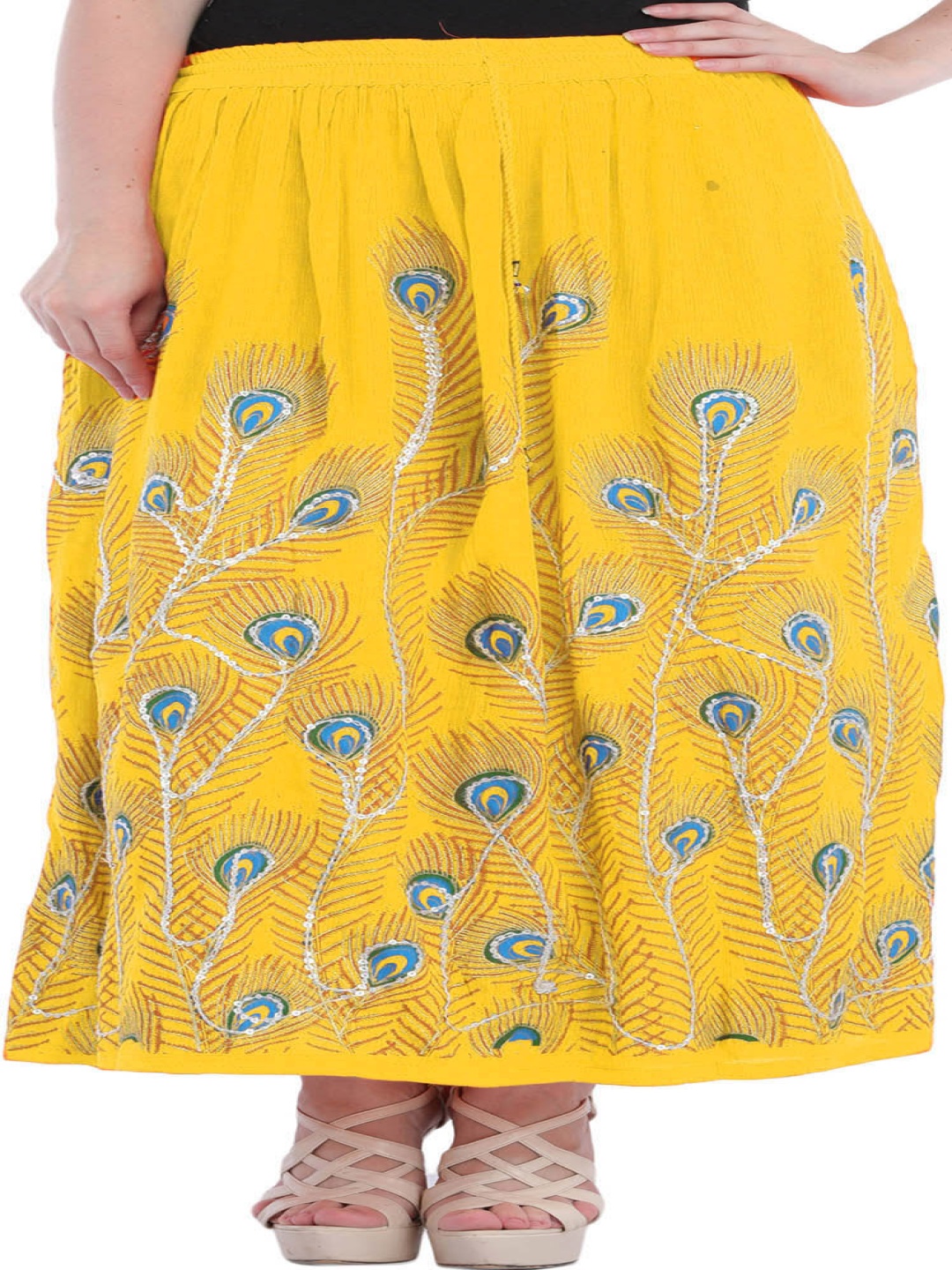 

Exotic India Daffodil-Long Printed Embroidered Maxi Skirt, Yellow