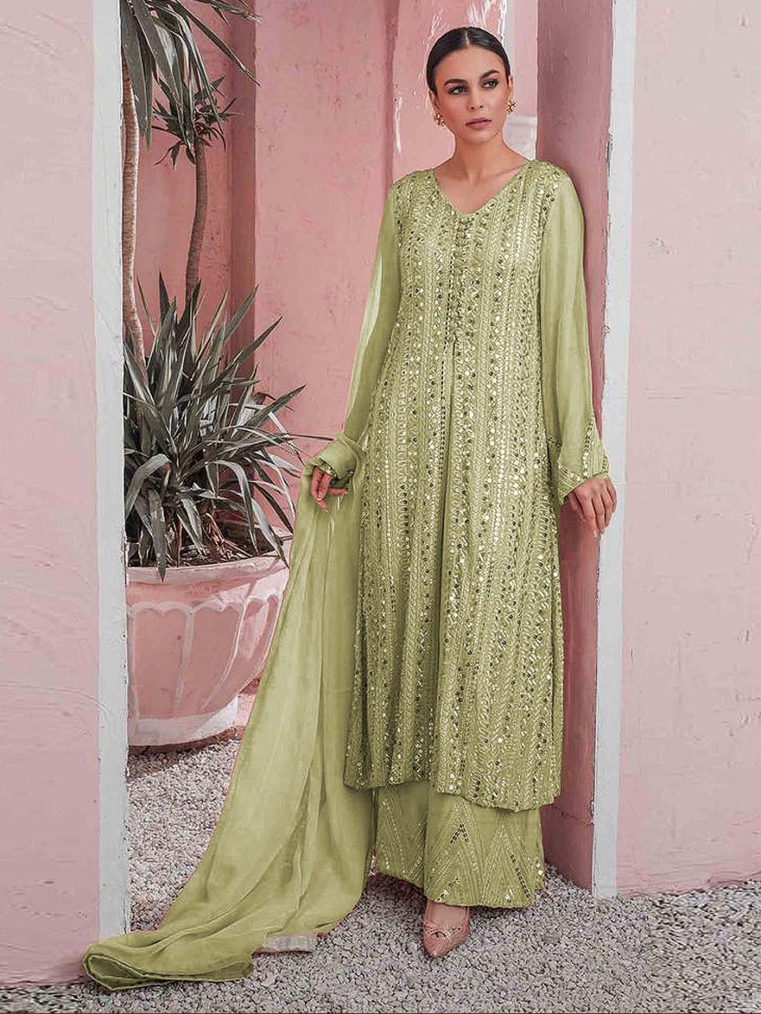 

ODETTE Women Embroidered Regular Sequinned Kurta with Palazzos & With Dupatta, Green