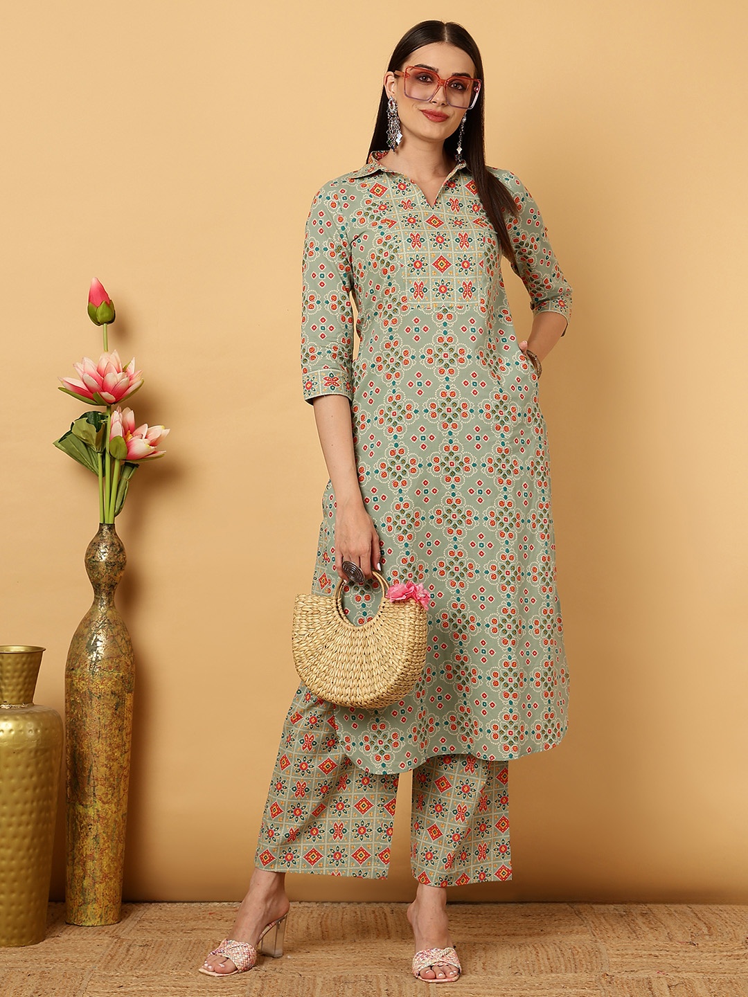 

GULMOHAR JAIPUR Floral Printed Shirt Collar Straight Kurta with Palazzos, Green