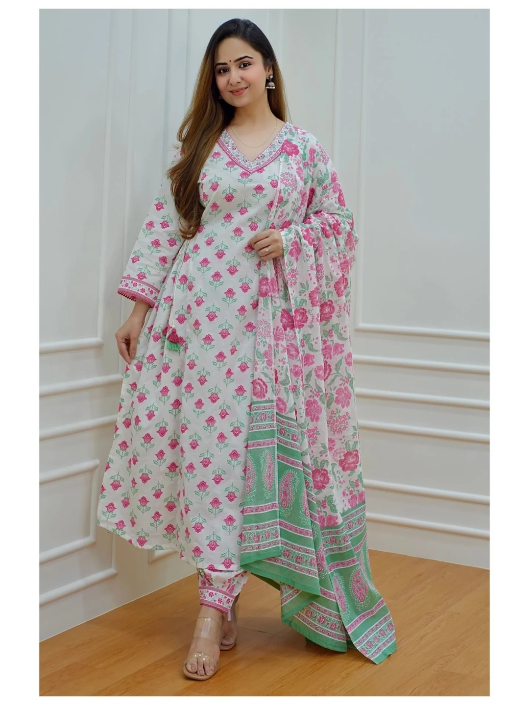 

KALINI Floral Printed Empire Regular Anarkali Kurta With Salwar & Dupatta, Pink