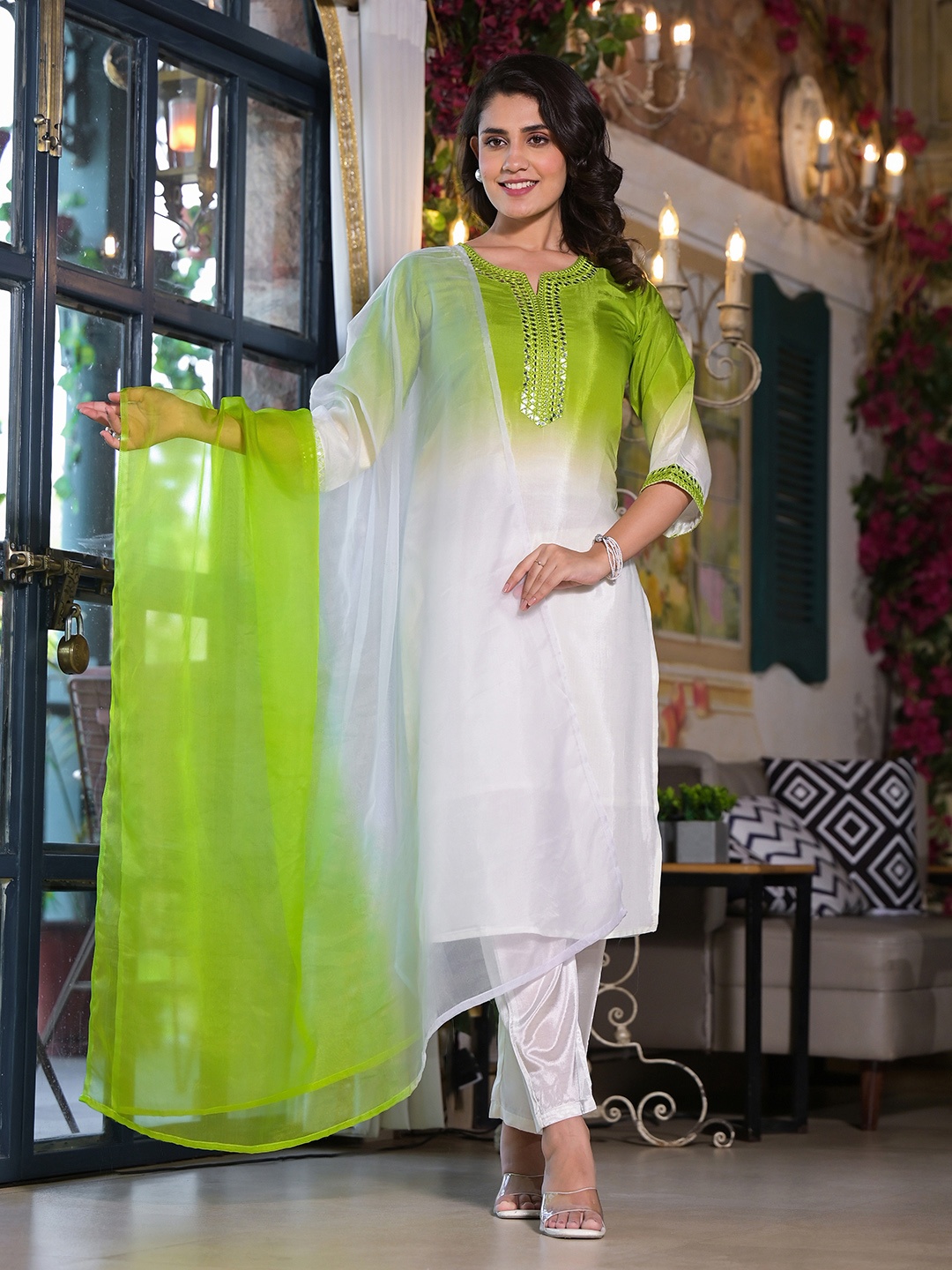 

Sangria Yoke Design Mirror Work Straight Kurta With Trousers & Dupatta, White