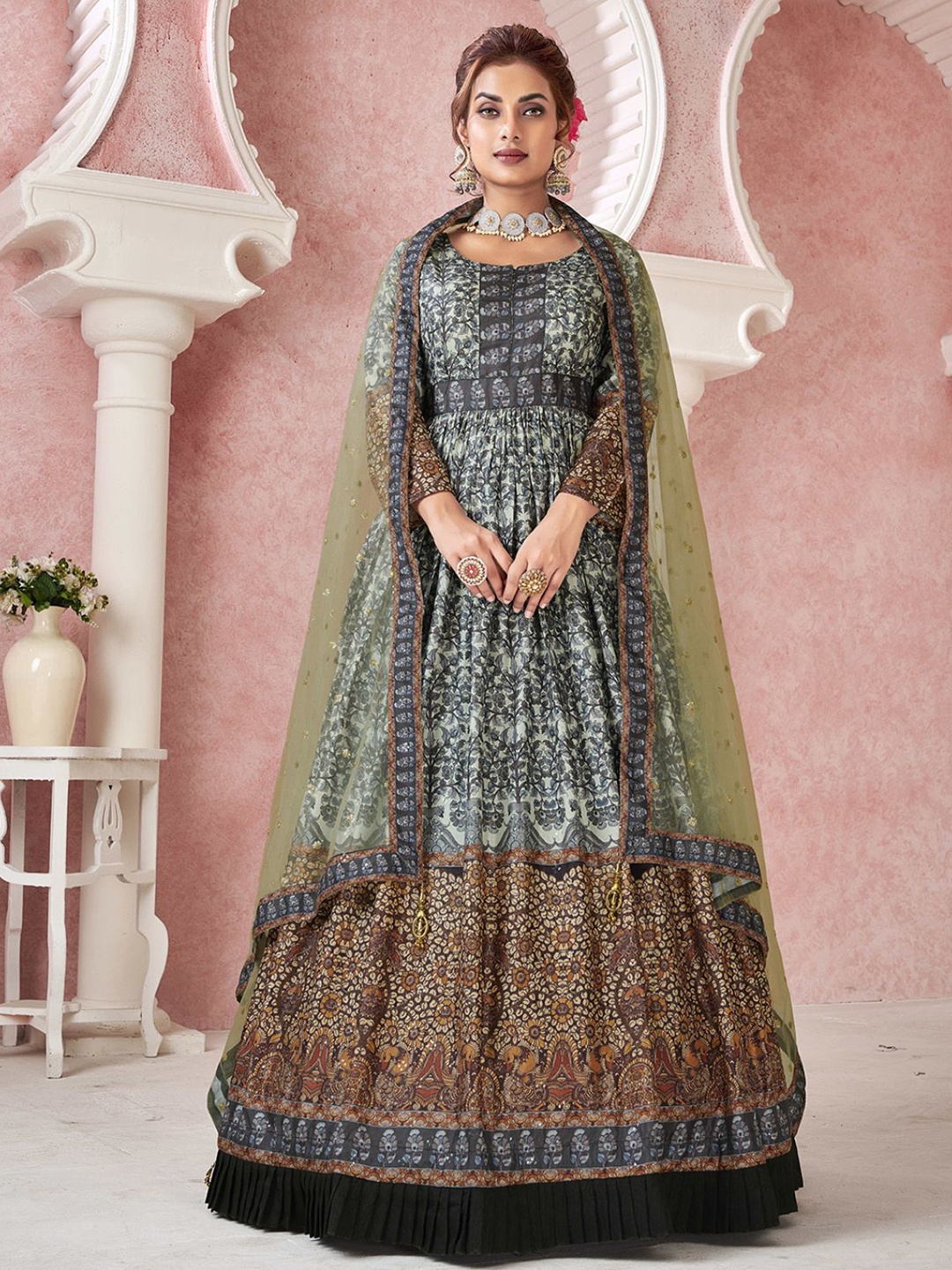 

ODETTE Printed Ethnic Dress with Dupatta, Green