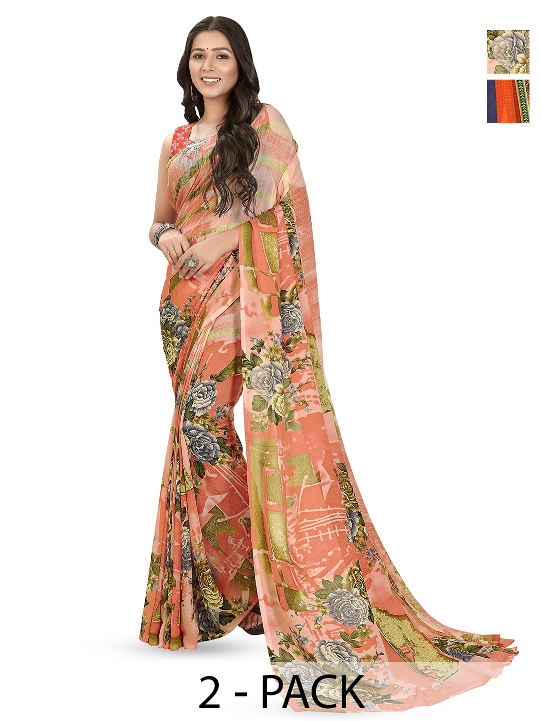 

ANAND SAREES Floral Printed Poly Georgette Saree, Peach