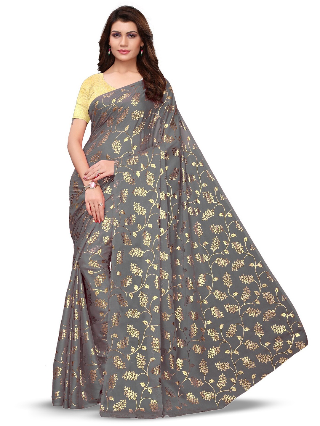 

KALINI Ethnic Motifs Kanjeevaram Saree With Blouse Piece, Grey