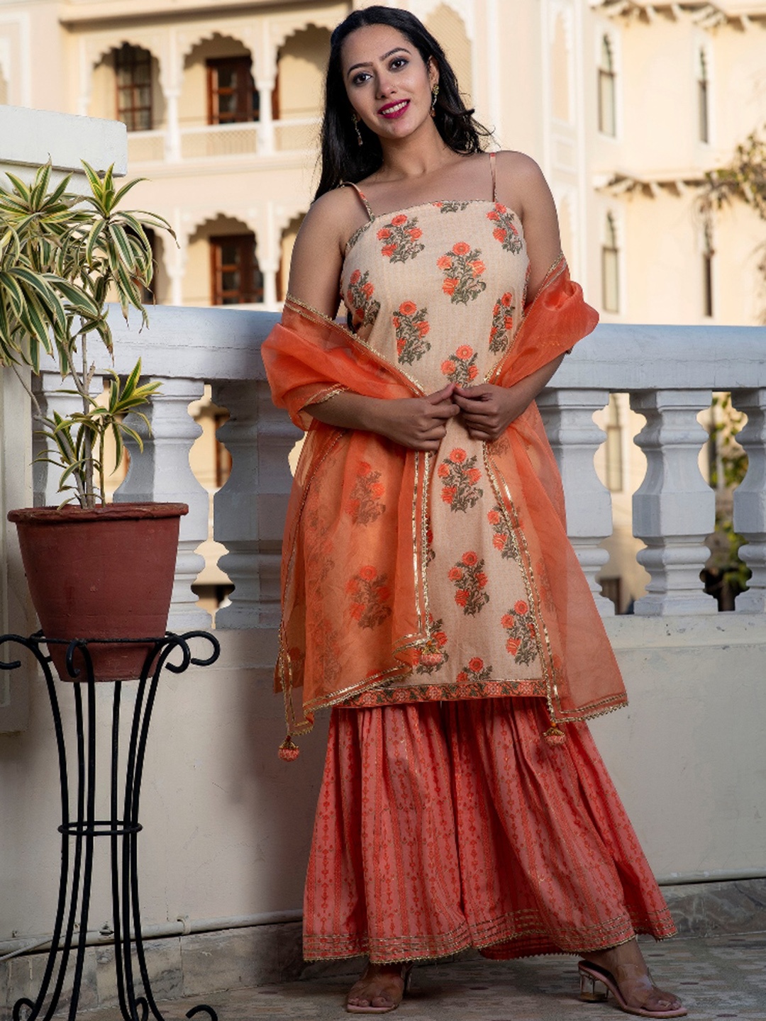 

HERE&NOW Floral Printed Regular Gotta Patti Straight Kurta with Sharara & Dupatta, Orange