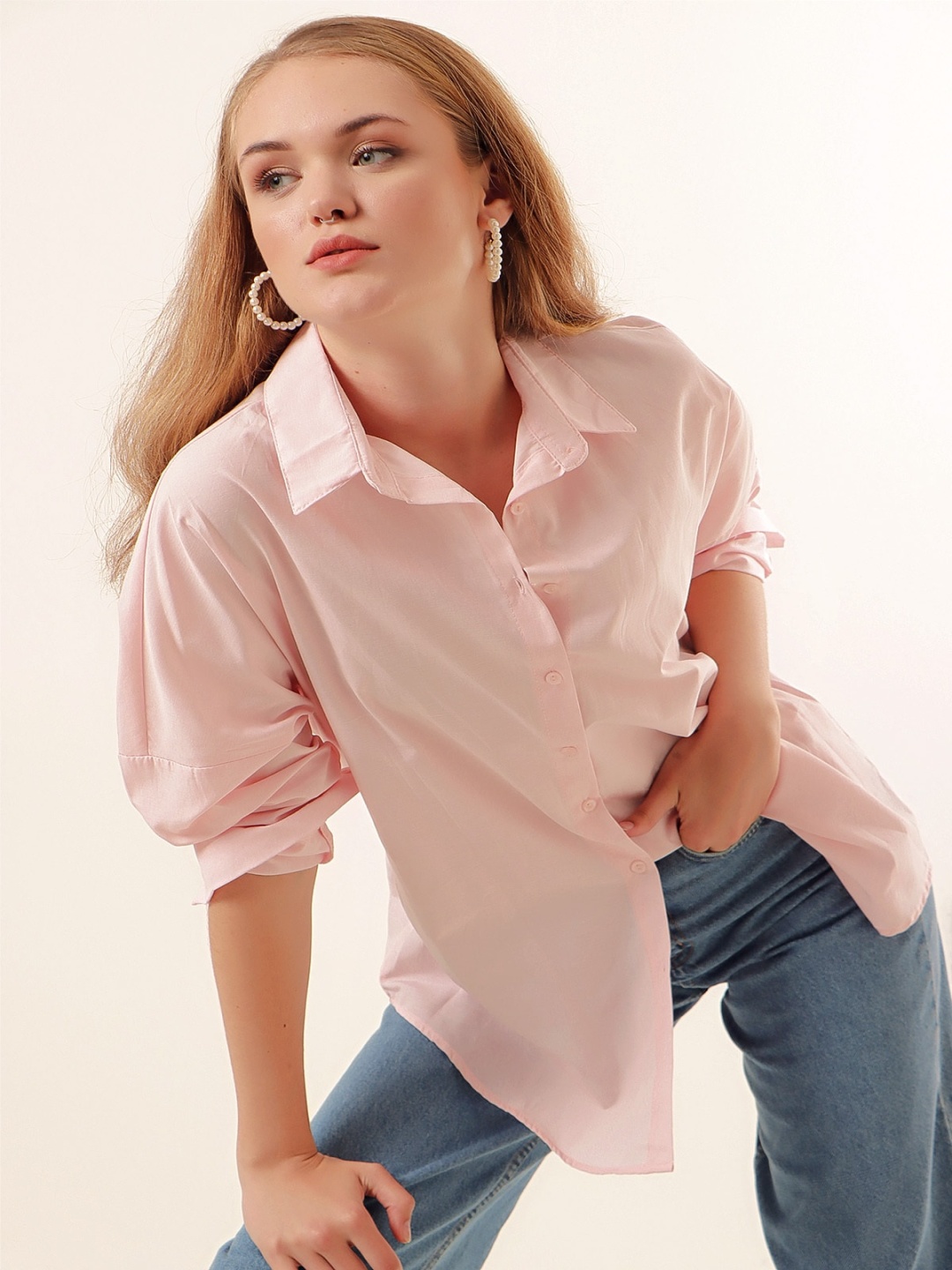 

BIGDART Spread Collar Drop Shoulder Sleeves Casual Shirt, Pink