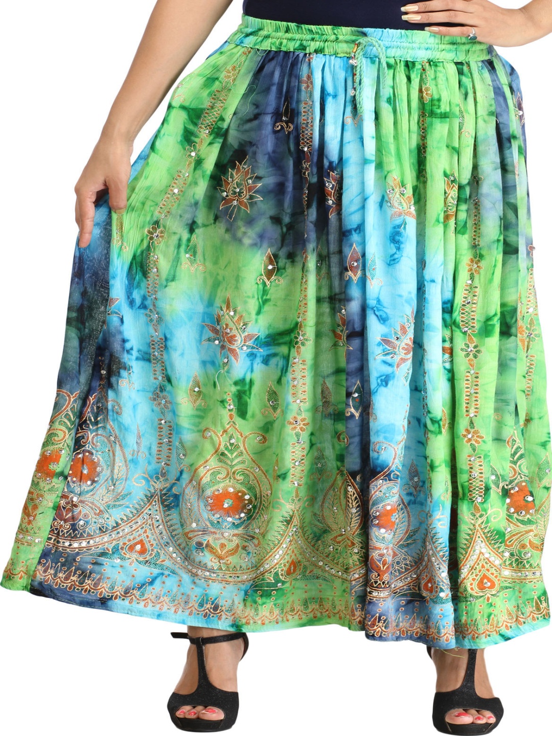 

Exotic India Printed Sequined A-Line Long Skirt, Multi