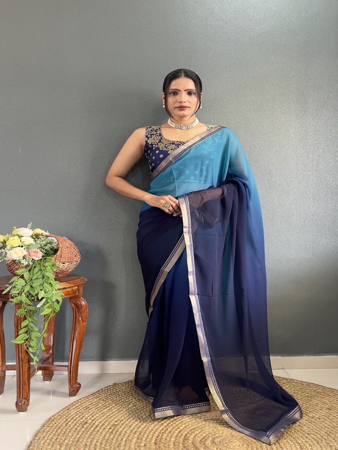

LADY SHOPI Ombre Zari Pure Georgette Saree, Turquoise blue