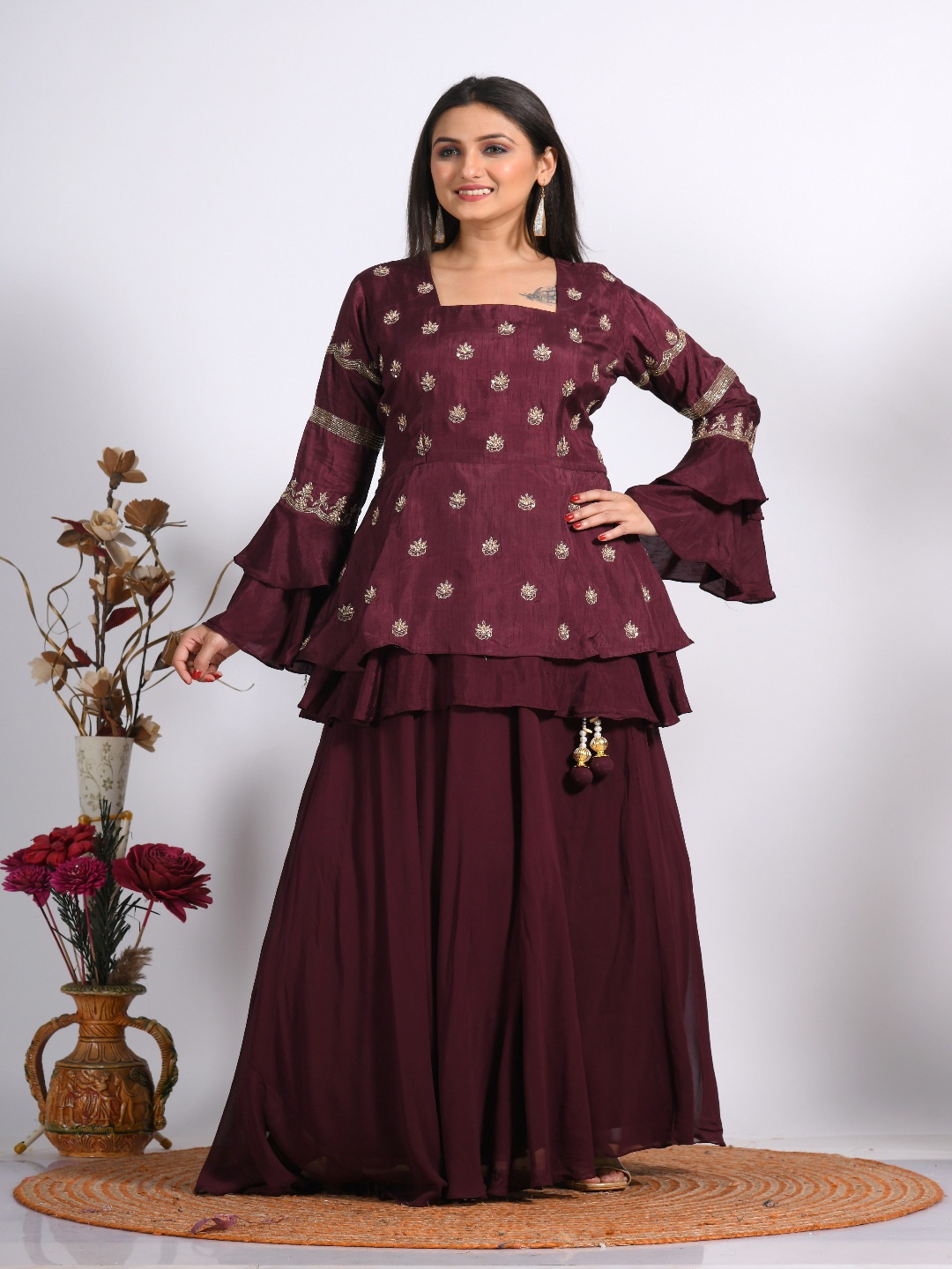 

Morchari Embroidered Square Neck Top with Mid-Rise Skirt Co-Ords, Maroon