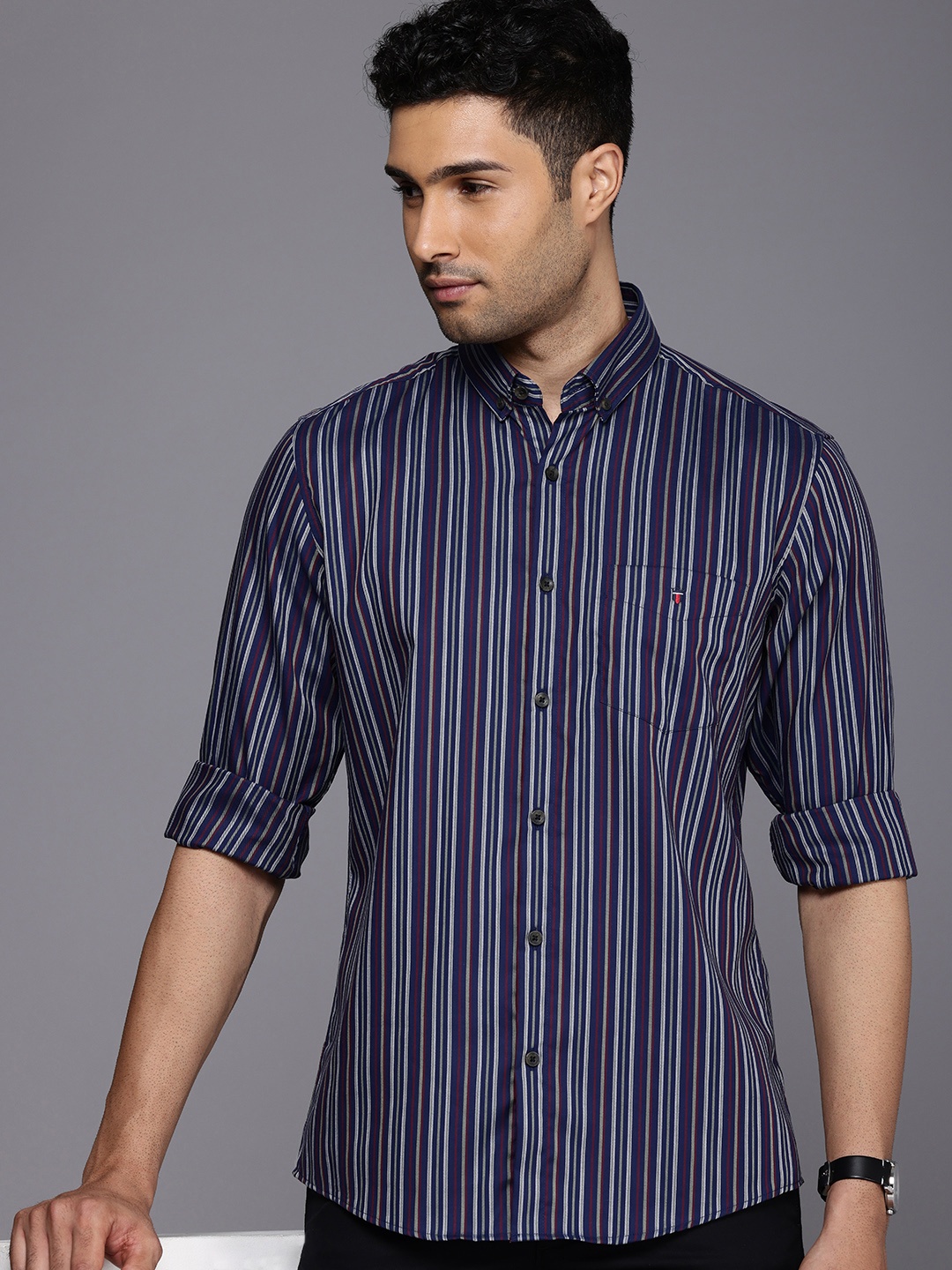 

Louis Philippe Sport Pure Cotton Striped Nirvana Slim Fit Shirt, Navy blue