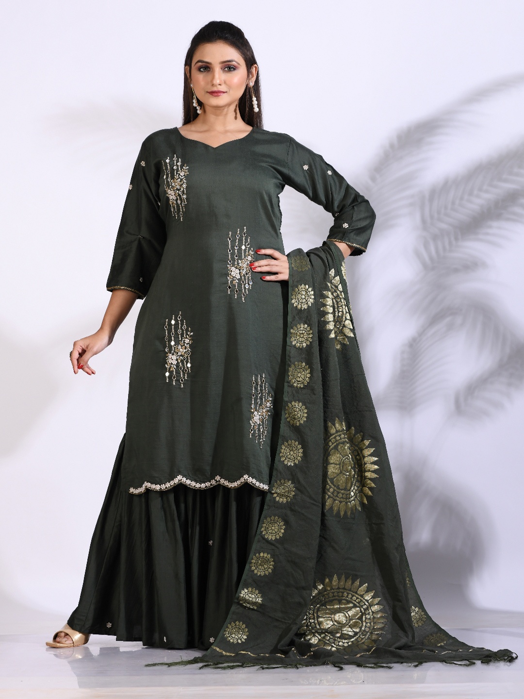 

Morchari Embroidered Straight Kurta With Sharara & Dupatta, Green