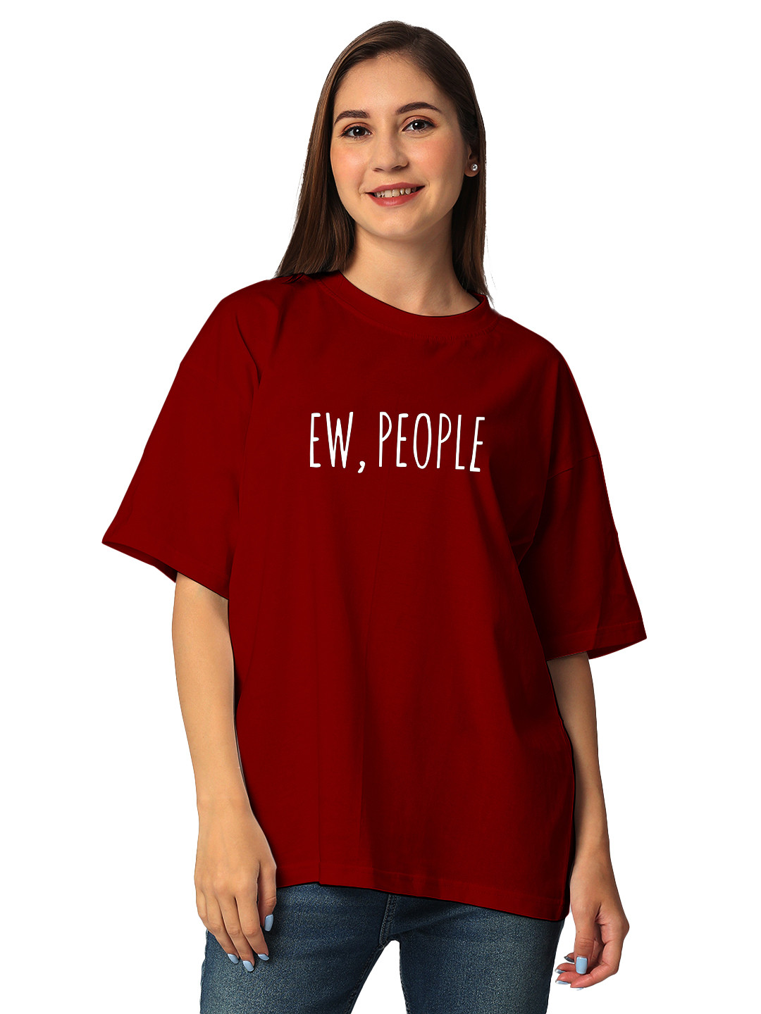 

STATUS MANTRA Women Typography Printed Bio Finish Raw Edge T-shirt, Maroon