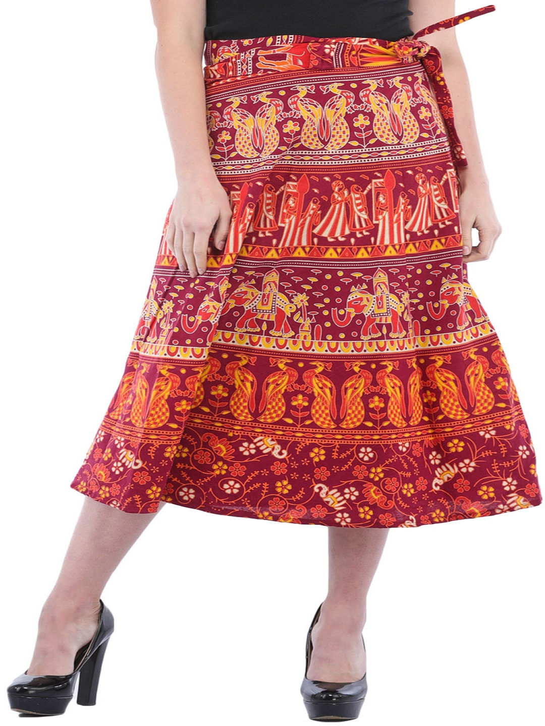 

Exotic India Printed Pure Cotton Wrap-Around Midi Skirt, Red