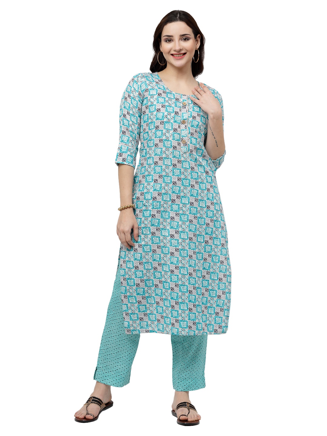 

ISHQY Geometric Printed Pure Cotton Straight Kurta With Trouser, Blue