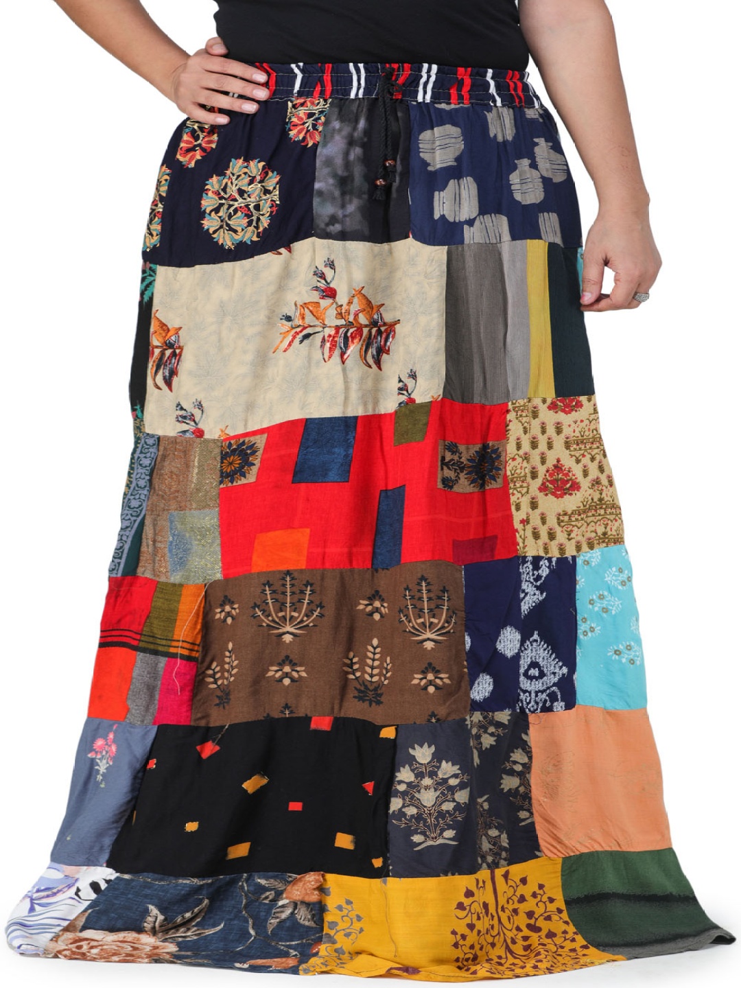 

Exotic India Printed Pure Cotton Flared Maxi Skirt, Blue