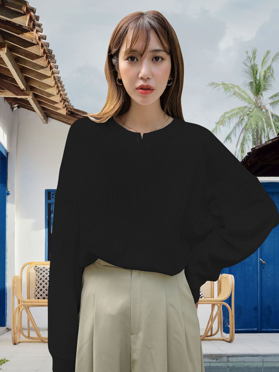 

MISS AYSE Print Extended Sleeves Top, Black
