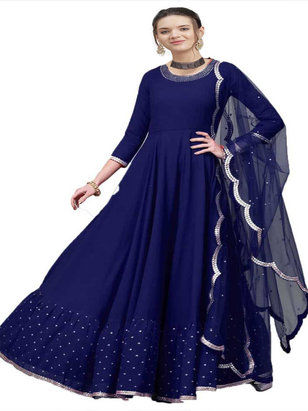 

Fashion Basket Floral Embroidered Beads and Stones Semi-Stitched Dress Material, Blue