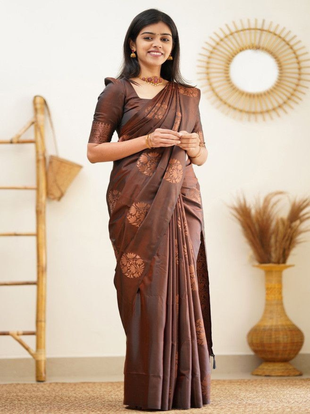 

KALINI Woven Design Zari Silk Blend Kanjeevaram Saree, Brown