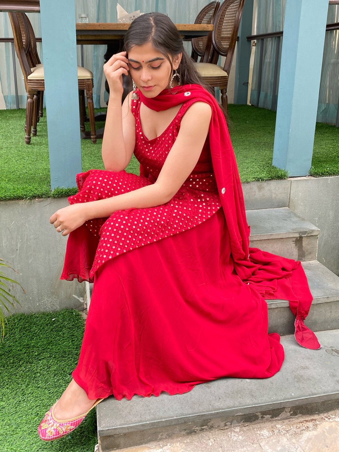 

ODETTE Women Embroidered Regular Mirror Work Kurta with Sharara & With Dupatta, Red