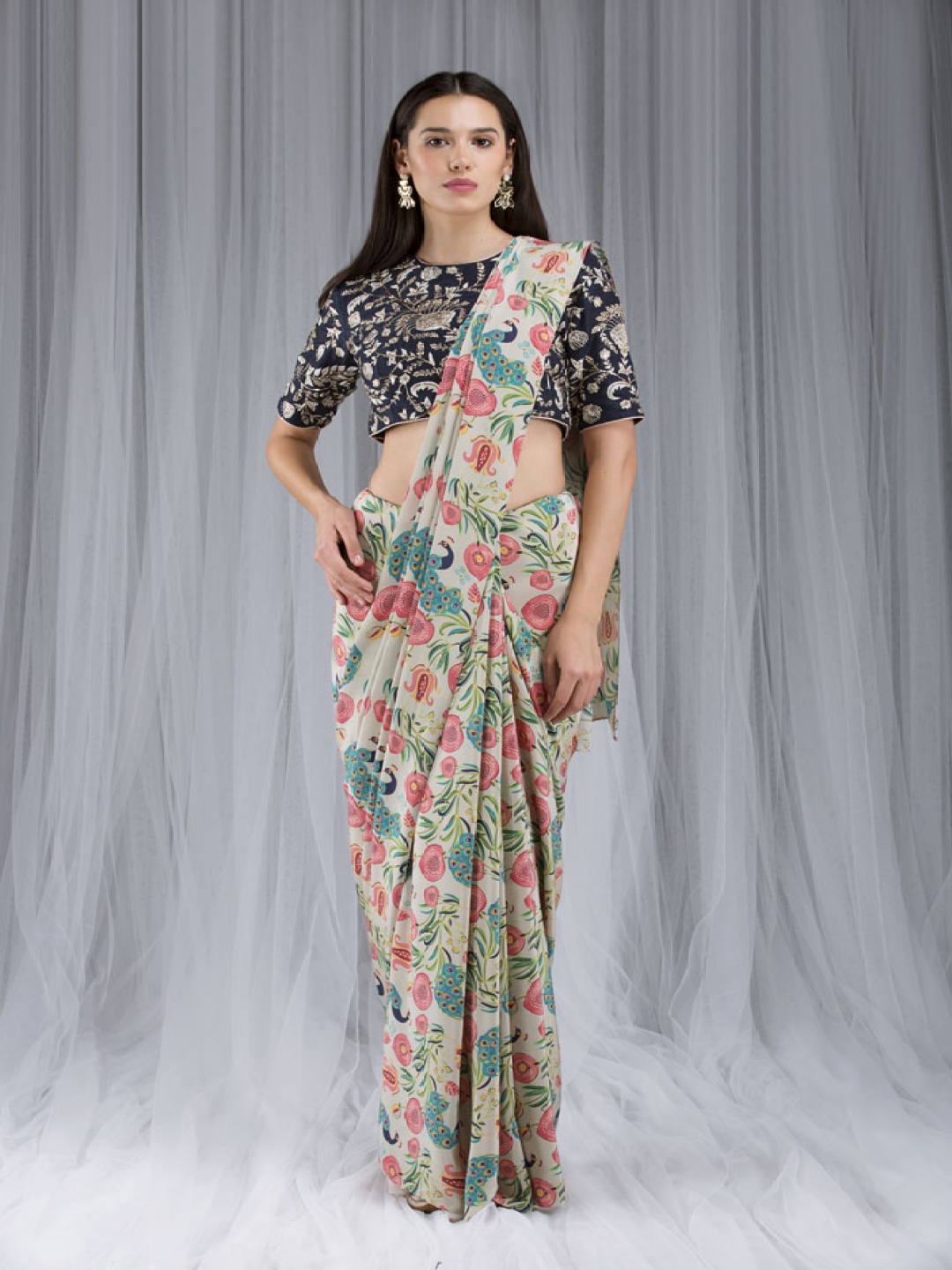 

Payal Singhal Floral Printed Saree With Blouse, Cream