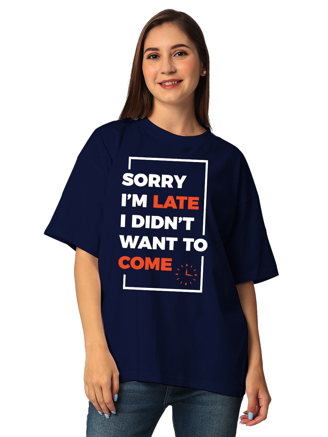 

STATUS MANTRA Women Typography Printed Bio Finish Applique T-shirt, Navy blue