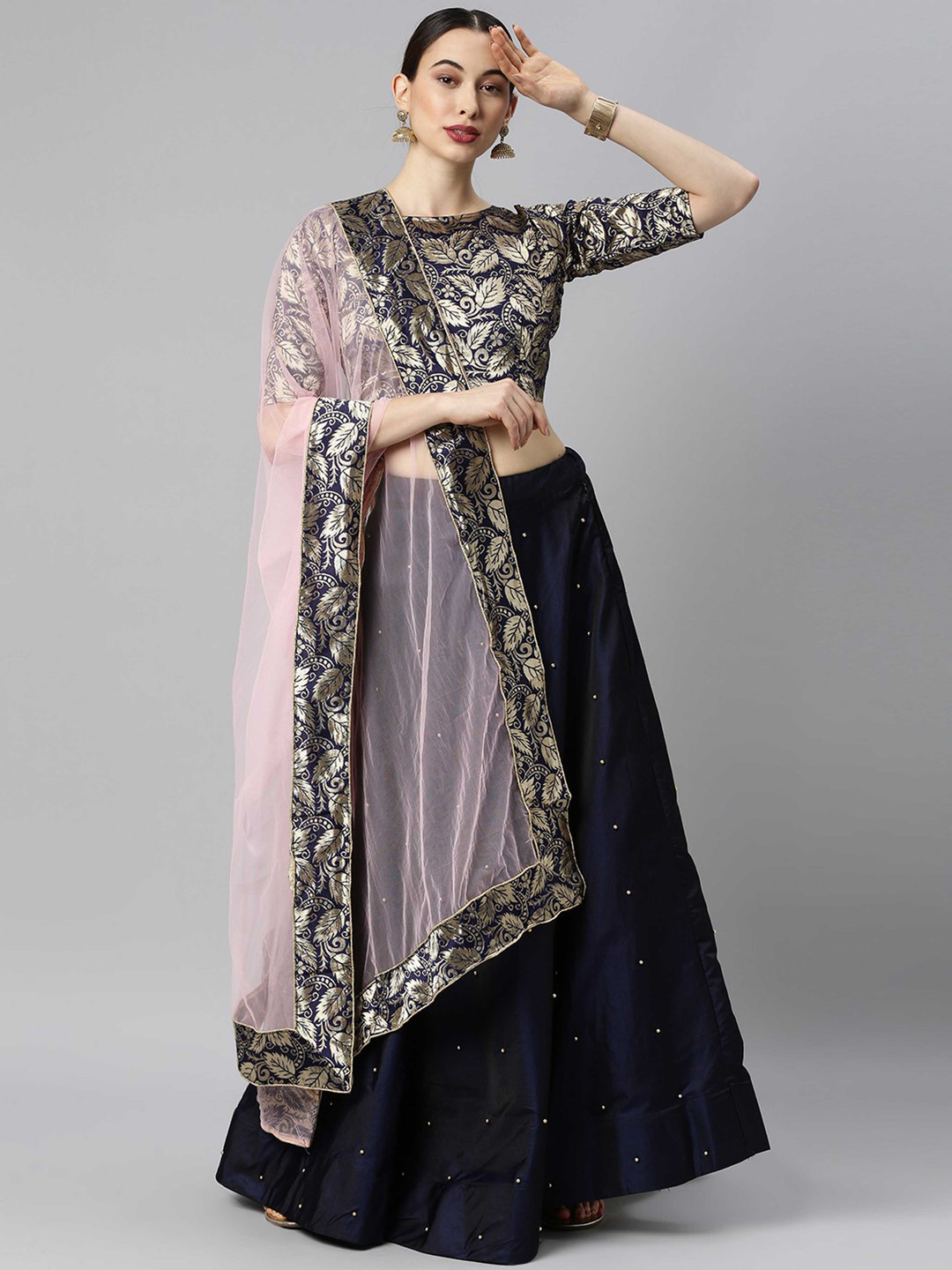 

KAZIA Embellished Beads And Stones Semi-Stitched Lehenga & Unstitched Blouse With Dupatta, Blue
