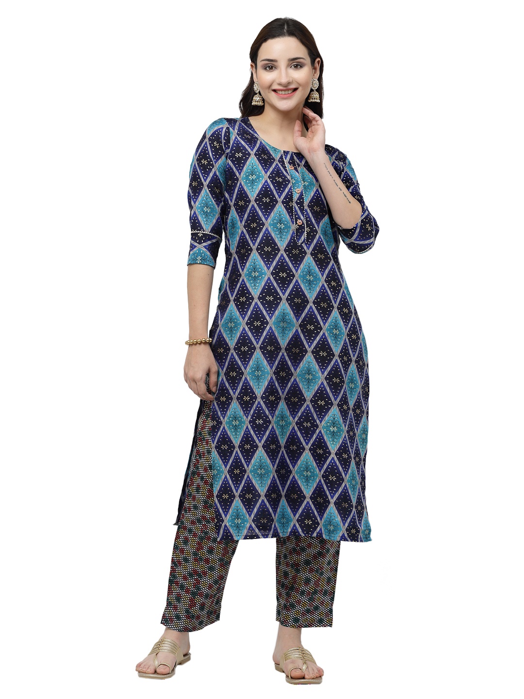 

ISHQY Geometric Printed Pure Cotton Straight Kurta With Trousers, Blue