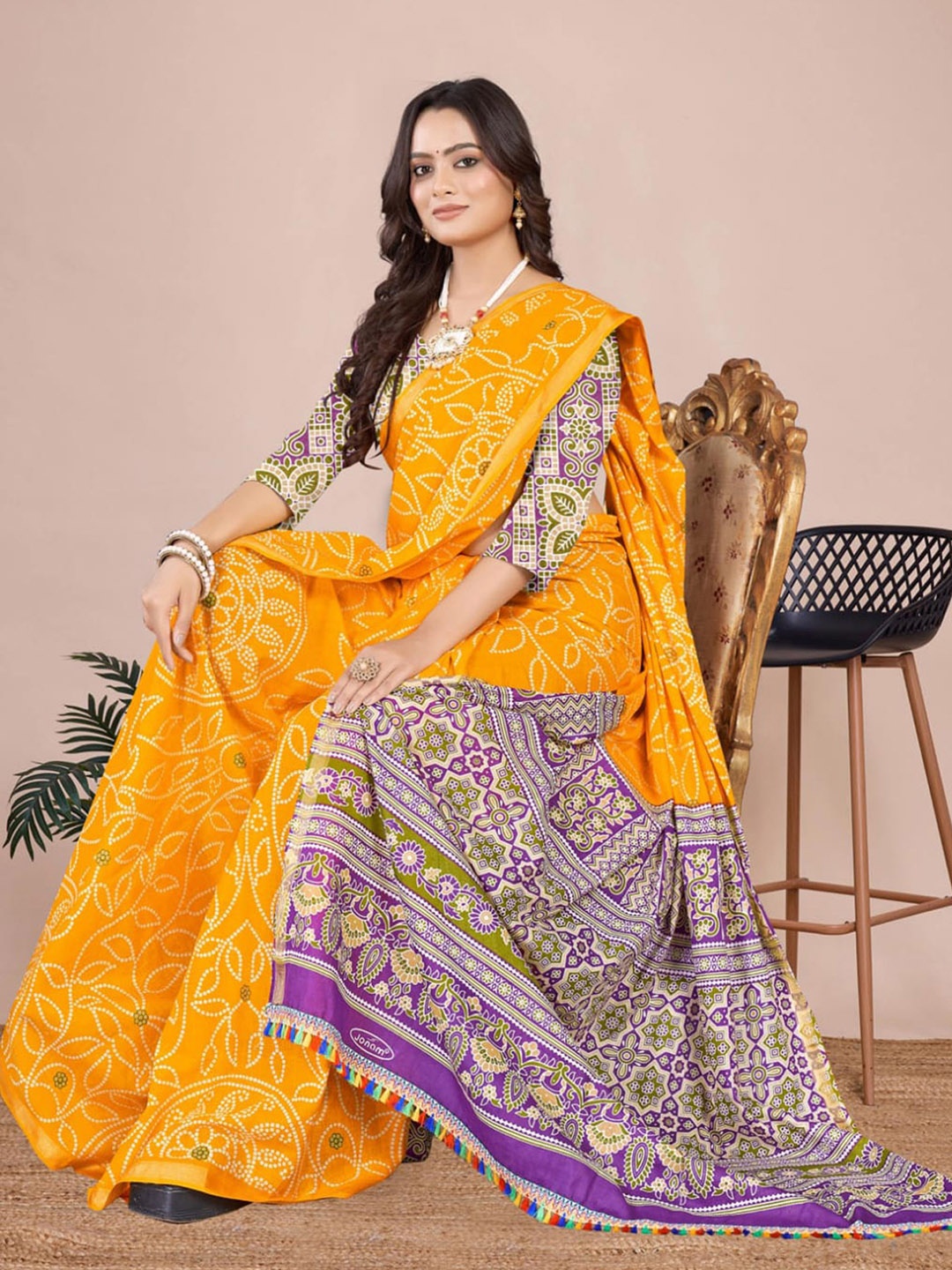 

Mitera ikat pure cotton bandhani saree with blouse piece, Yellow