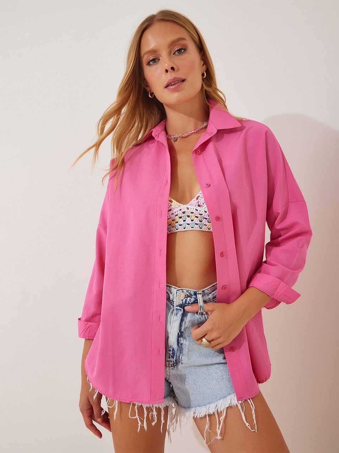 

Fab Star Comfort Long Sleeves Spread Collar Cotton Opaque Casual Shirt, Pink