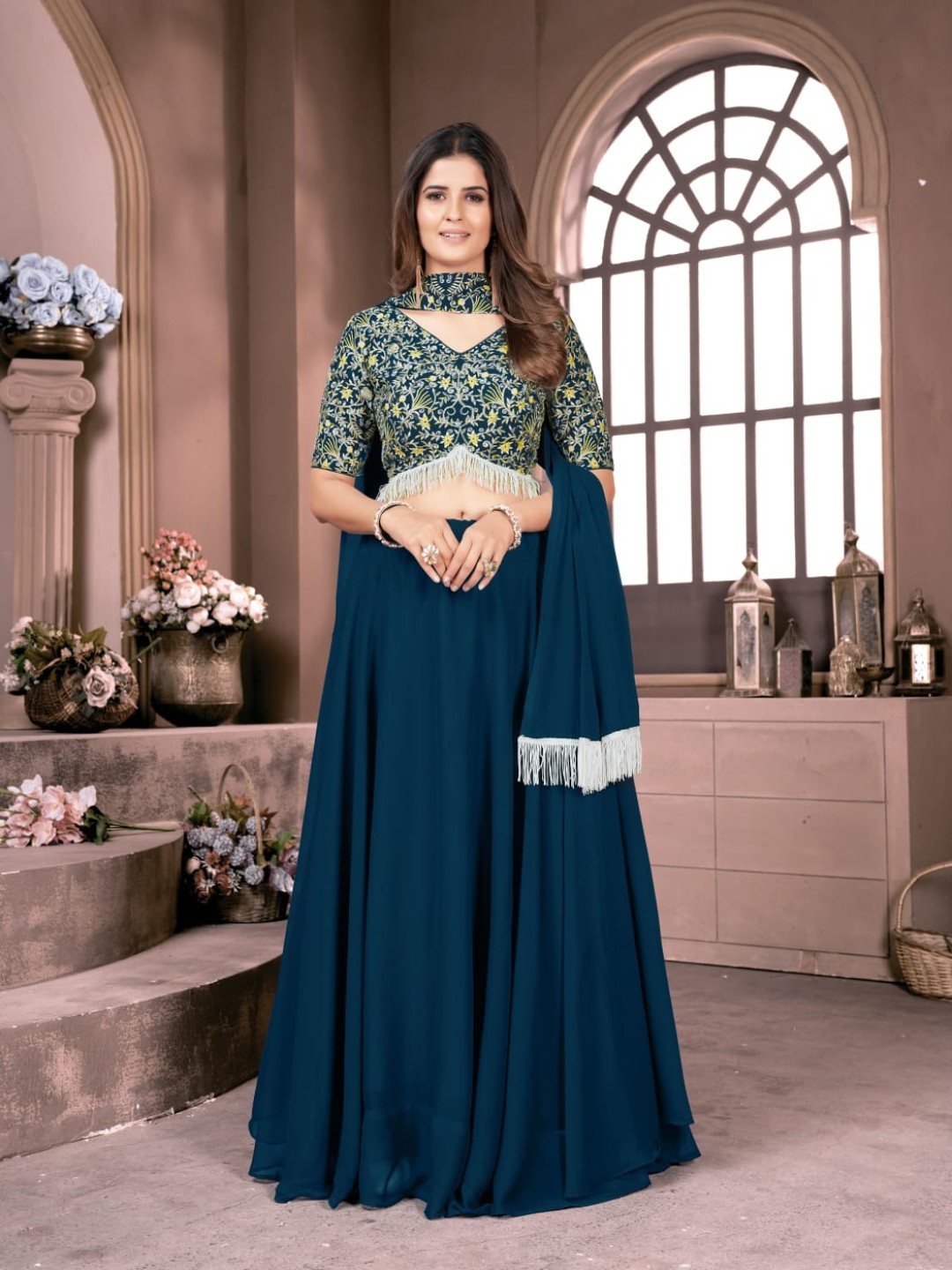 

Fashionuma Embroidered Thread Work Semi-Stitched Lehenga & Blouse With Dupatta, Blue