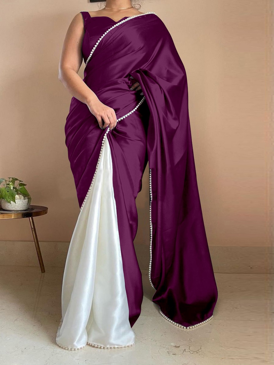 

LADY SHOPI Colourblocked Beads & Stones Satin Half and Half Saree, Purple