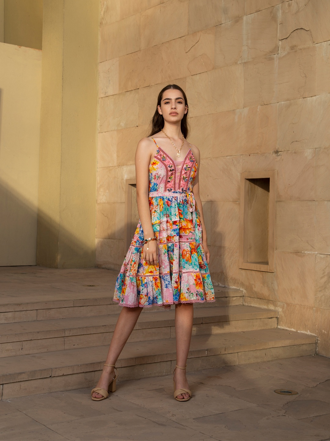 

Bhanuni Women Printed A-Line Dress, Pink