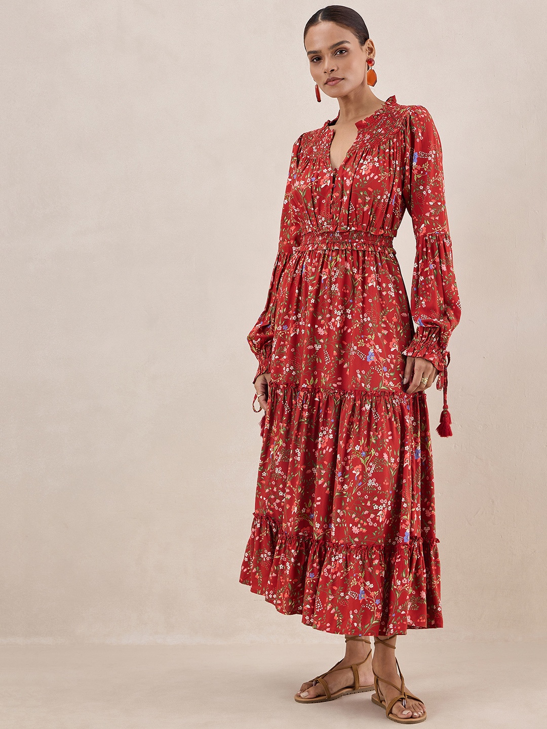 

FEMMELLA Floral Printed Puff Sleeves Smocked Tiered Fit & Flare Maxi Dress, Rust