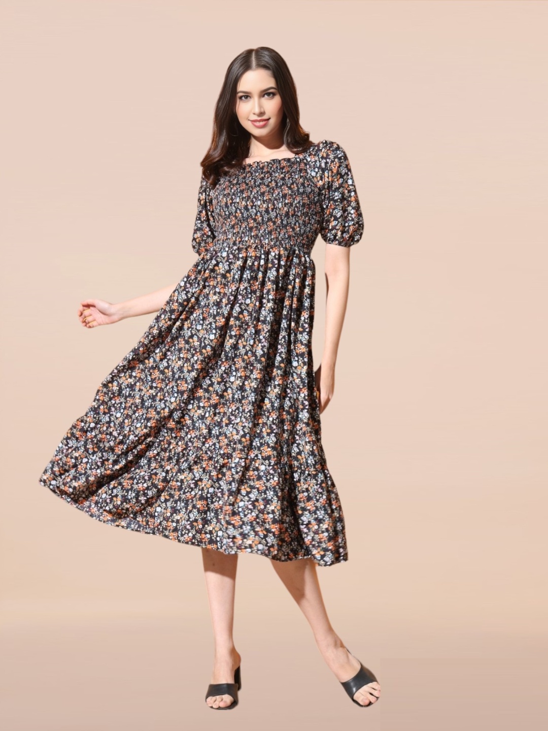 

Vastani Enterprise Women Floral Print Puff Sleeve Applique Dress, Black