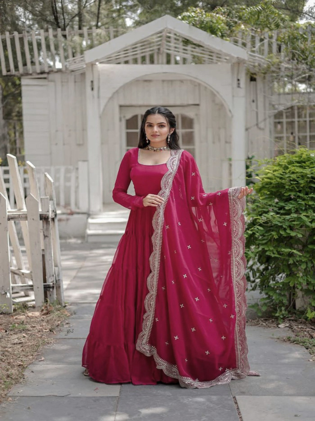 

Fashion Basket Empire Georgette Anarkali Kurta With Trouser & Dupatta, Pink