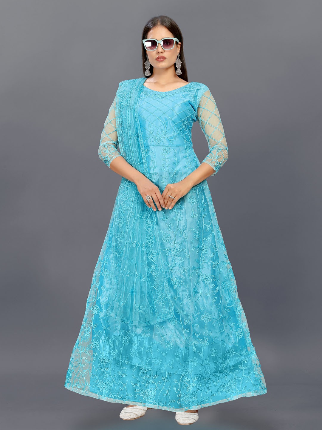 

JULEE Ethnic Women Motifs Embroidered Net Fit & Flare Maxi Dress, Turquoise blue